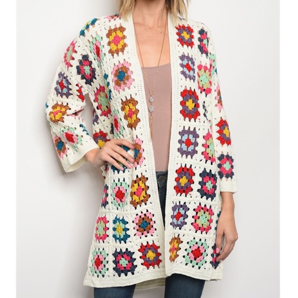 The Luxe Bohemian Sweaters - LAST ONE! Ivory Multicolor Boho Crochet Cardigan